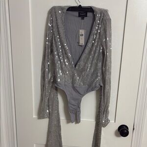 Bardot Silver Sequin Bodysuit